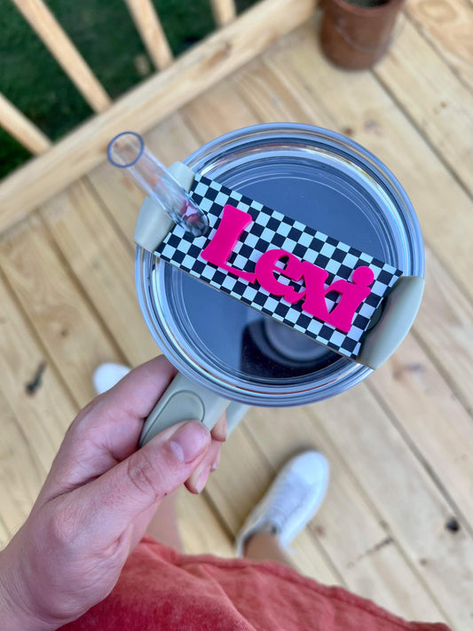 Black Checkered with Hot Pink Cup Name Tag