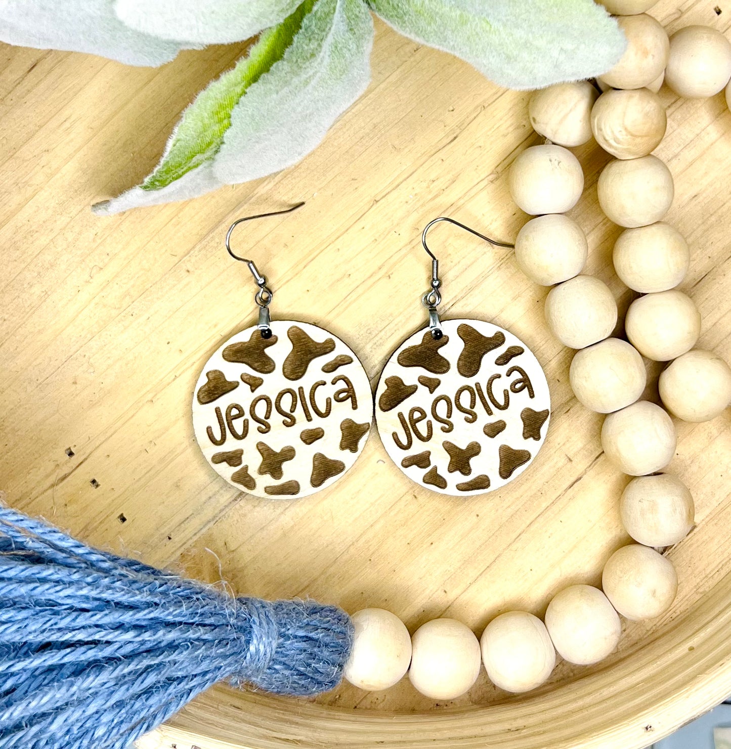 Cow print name earrings